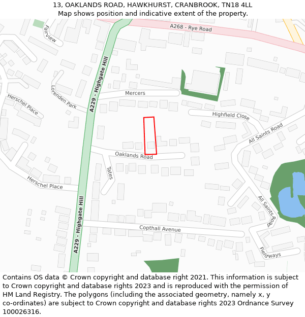 13, OAKLANDS ROAD, HAWKHURST, CRANBROOK, TN18 4LL: Location map and indicative extent of plot