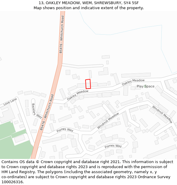 13, OAKLEY MEADOW, WEM, SHREWSBURY, SY4 5SF: Location map and indicative extent of plot