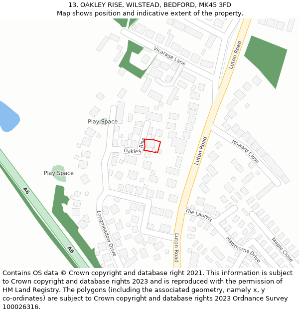 13, OAKLEY RISE, WILSTEAD, BEDFORD, MK45 3FD: Location map and indicative extent of plot