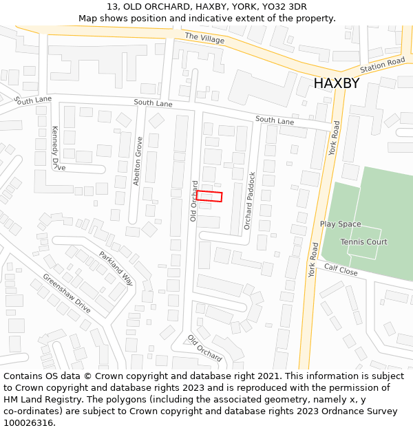 13, OLD ORCHARD, HAXBY, YORK, YO32 3DR: Location map and indicative extent of plot