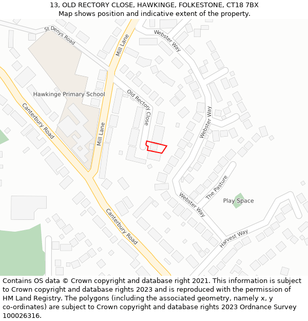 13, OLD RECTORY CLOSE, HAWKINGE, FOLKESTONE, CT18 7BX: Location map and indicative extent of plot