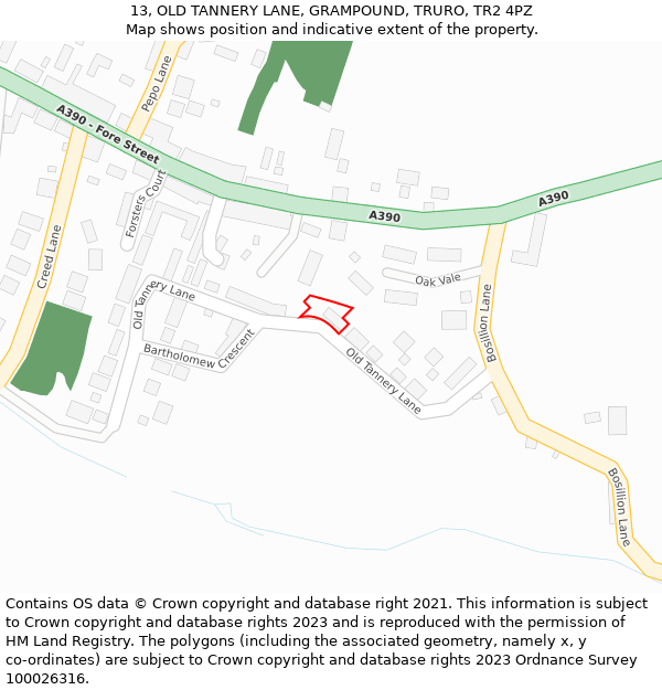 13, OLD TANNERY LANE, GRAMPOUND, TRURO, TR2 4PZ: Location map and indicative extent of plot