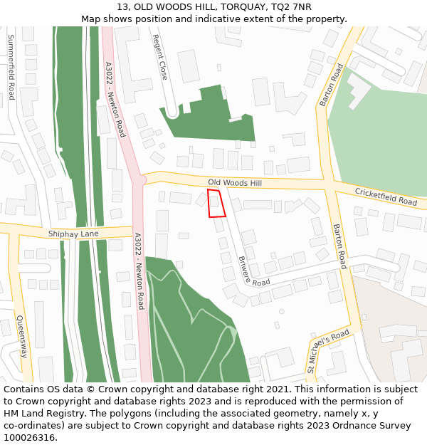 13, OLD WOODS HILL, TORQUAY, TQ2 7NR: Location map and indicative extent of plot