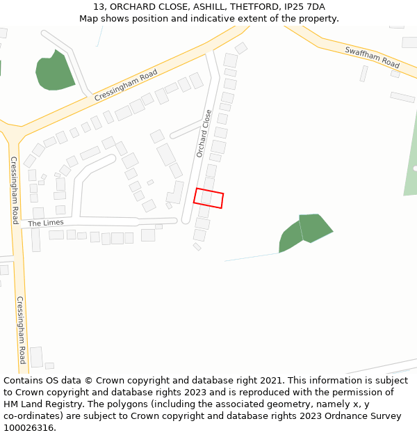 13, ORCHARD CLOSE, ASHILL, THETFORD, IP25 7DA: Location map and indicative extent of plot