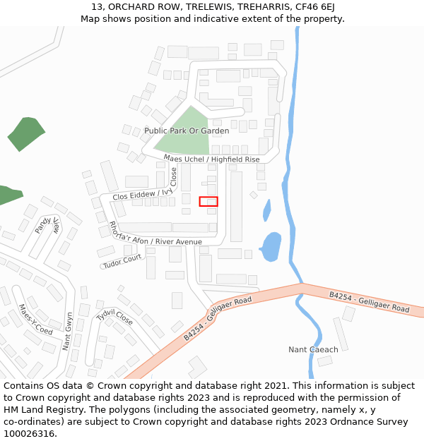 13, ORCHARD ROW, TRELEWIS, TREHARRIS, CF46 6EJ: Location map and indicative extent of plot