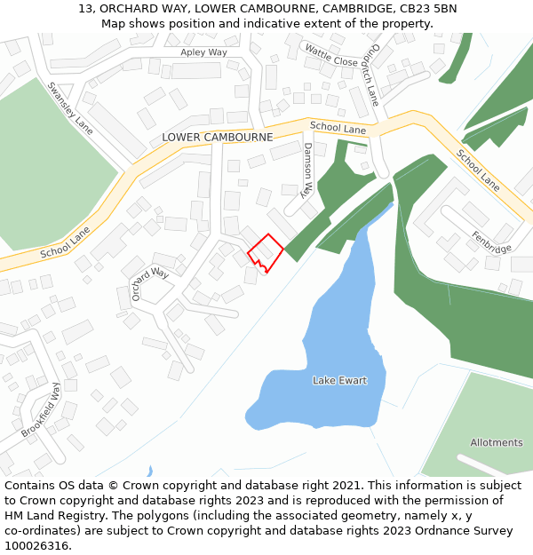 13, ORCHARD WAY, LOWER CAMBOURNE, CAMBRIDGE, CB23 5BN: Location map and indicative extent of plot