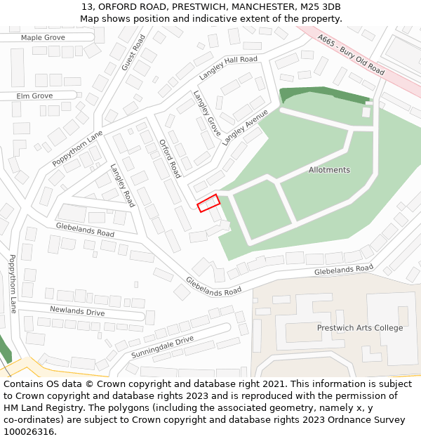 13, ORFORD ROAD, PRESTWICH, MANCHESTER, M25 3DB: Location map and indicative extent of plot