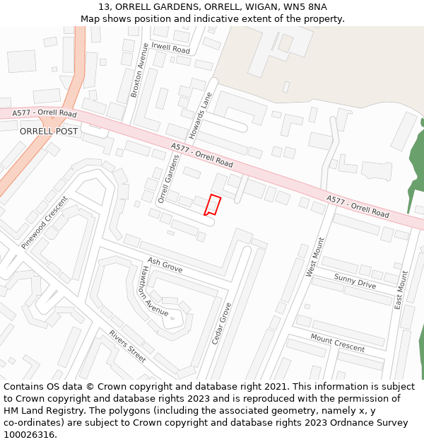 13, ORRELL GARDENS, ORRELL, WIGAN, WN5 8NA: Location map and indicative extent of plot