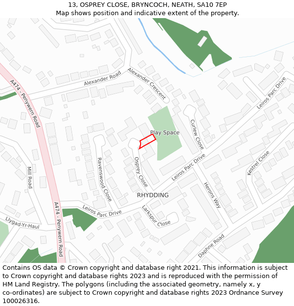 13, OSPREY CLOSE, BRYNCOCH, NEATH, SA10 7EP: Location map and indicative extent of plot