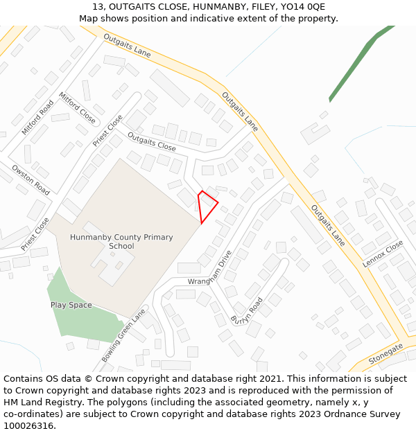 13, OUTGAITS CLOSE, HUNMANBY, FILEY, YO14 0QE: Location map and indicative extent of plot