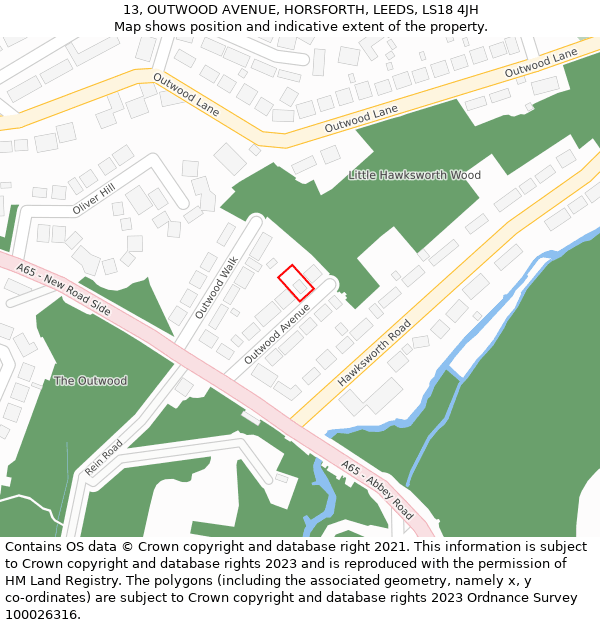 13, OUTWOOD AVENUE, HORSFORTH, LEEDS, LS18 4JH: Location map and indicative extent of plot