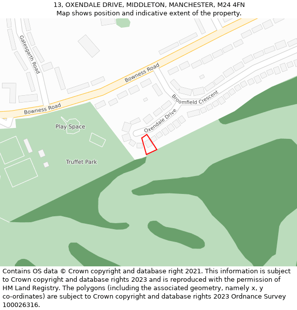 13, OXENDALE DRIVE, MIDDLETON, MANCHESTER, M24 4FN: Location map and indicative extent of plot