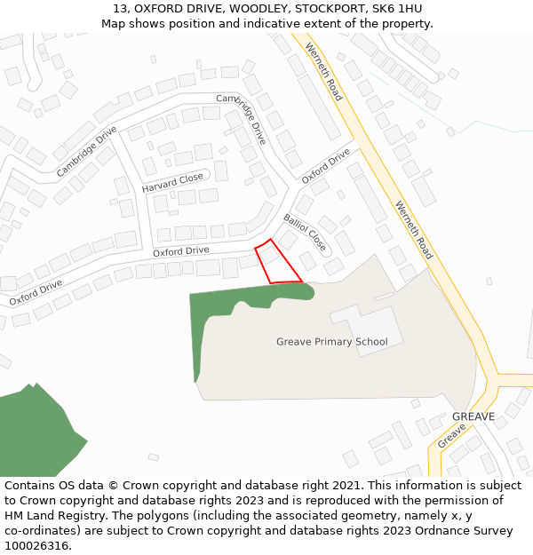 13, OXFORD DRIVE, WOODLEY, STOCKPORT, SK6 1HU: Location map and indicative extent of plot