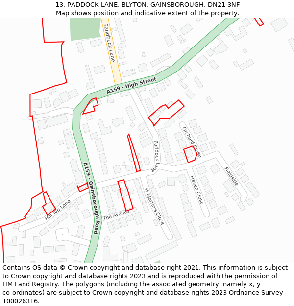 13, PADDOCK LANE, BLYTON, GAINSBOROUGH, DN21 3NF: Location map and indicative extent of plot