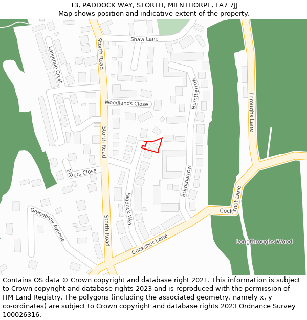 13, PADDOCK WAY, STORTH, MILNTHORPE, LA7 7JJ: Location map and indicative extent of plot