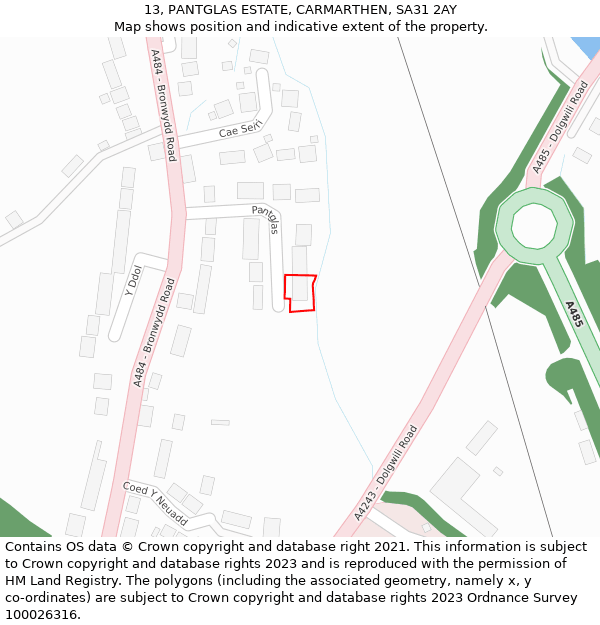 13, PANTGLAS ESTATE, CARMARTHEN, SA31 2AY: Location map and indicative extent of plot