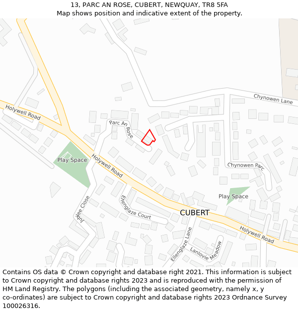 13, PARC AN ROSE, CUBERT, NEWQUAY, TR8 5FA: Location map and indicative extent of plot