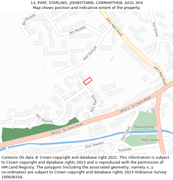 13, PARC STARLING, JOHNSTOWN, CARMARTHEN, SA31 3HX: Location map and indicative extent of plot