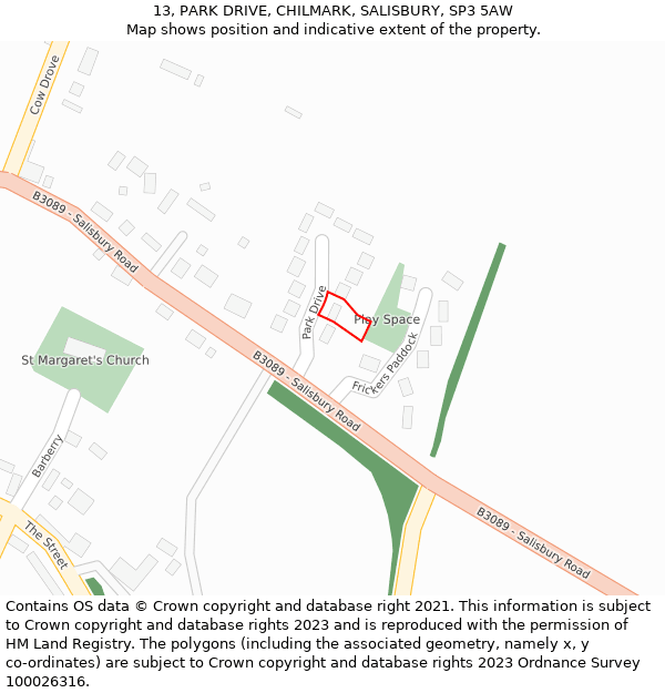 13, PARK DRIVE, CHILMARK, SALISBURY, SP3 5AW: Location map and indicative extent of plot