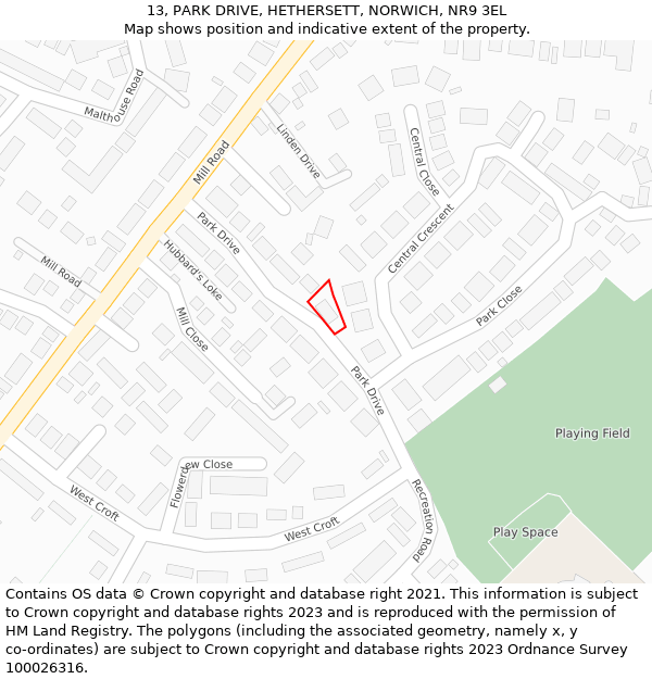 13, PARK DRIVE, HETHERSETT, NORWICH, NR9 3EL: Location map and indicative extent of plot