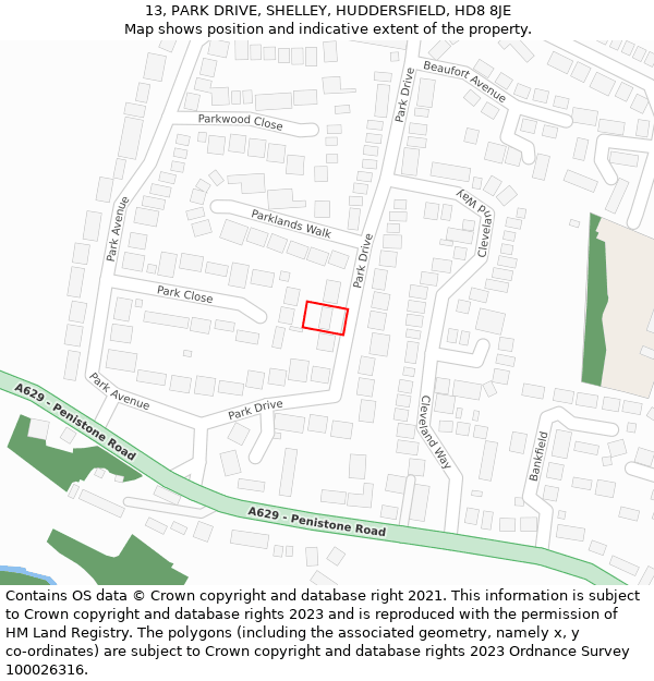 13, PARK DRIVE, SHELLEY, HUDDERSFIELD, HD8 8JE: Location map and indicative extent of plot