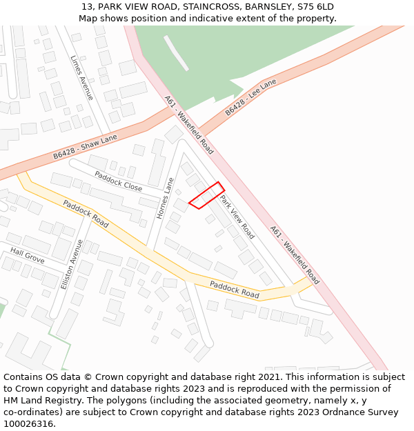 13, PARK VIEW ROAD, STAINCROSS, BARNSLEY, S75 6LD: Location map and indicative extent of plot