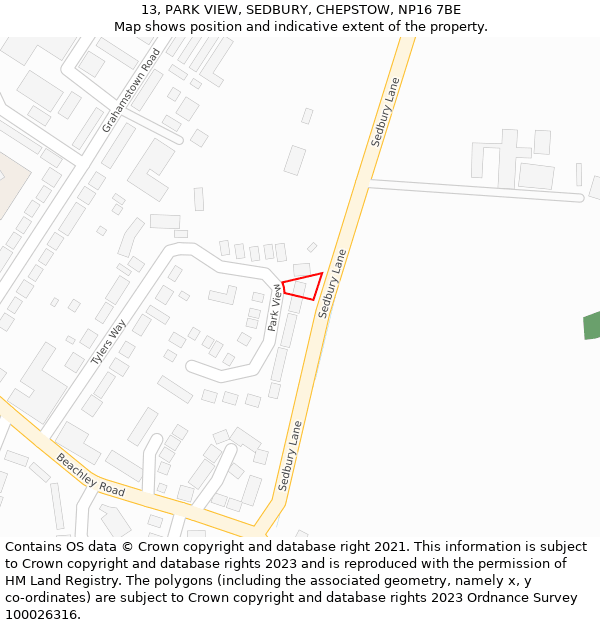 13, PARK VIEW, SEDBURY, CHEPSTOW, NP16 7BE: Location map and indicative extent of plot