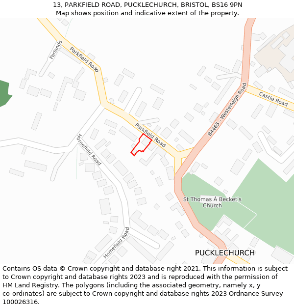 13, PARKFIELD ROAD, PUCKLECHURCH, BRISTOL, BS16 9PN: Location map and indicative extent of plot