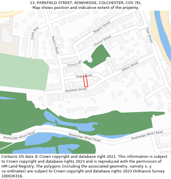 13, PARKFIELD STREET, ROWHEDGE, COLCHESTER, CO5 7EL: Location map and indicative extent of plot