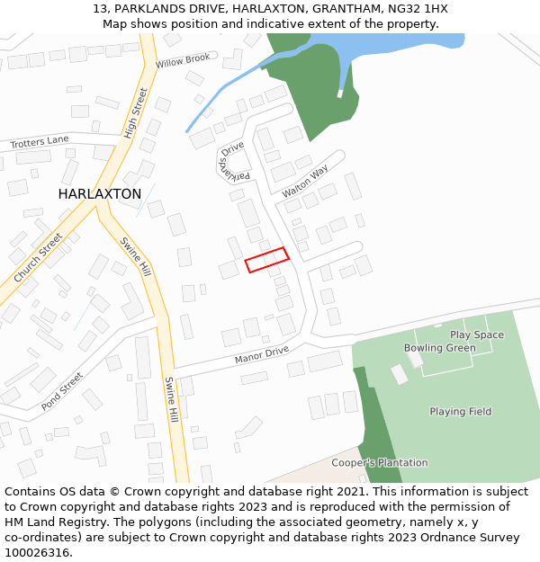 13, PARKLANDS DRIVE, HARLAXTON, GRANTHAM, NG32 1HX: Location map and indicative extent of plot