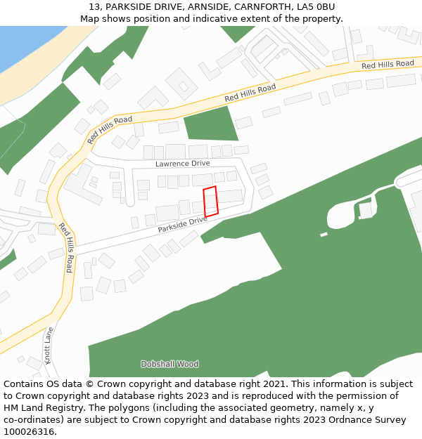 13, PARKSIDE DRIVE, ARNSIDE, CARNFORTH, LA5 0BU: Location map and indicative extent of plot