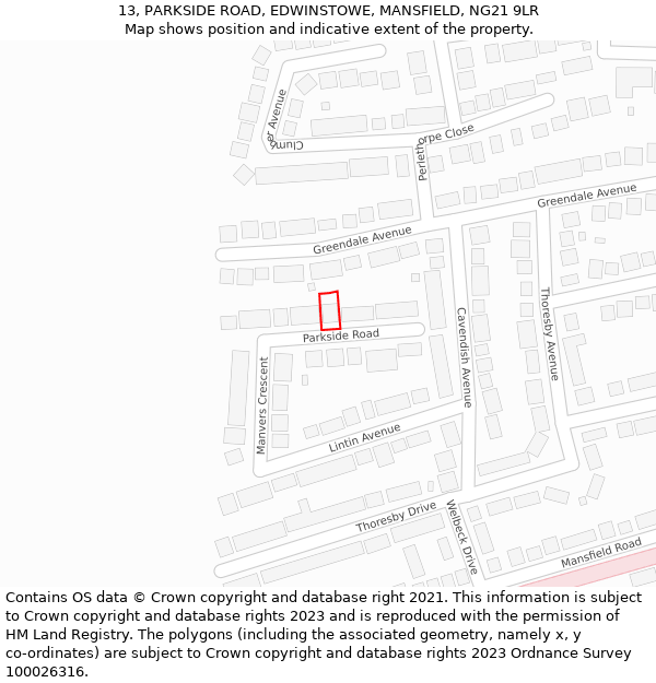 13, PARKSIDE ROAD, EDWINSTOWE, MANSFIELD, NG21 9LR: Location map and indicative extent of plot