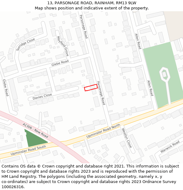 13, PARSONAGE ROAD, RAINHAM, RM13 9LW: Location map and indicative extent of plot