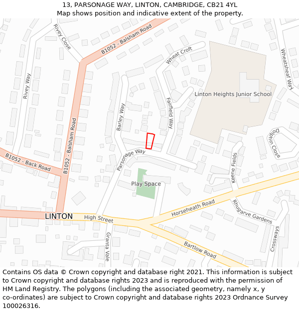 13, PARSONAGE WAY, LINTON, CAMBRIDGE, CB21 4YL: Location map and indicative extent of plot