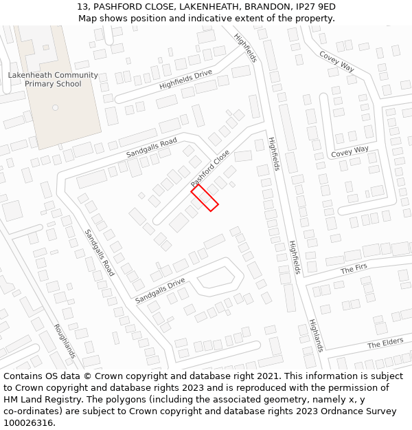 13, PASHFORD CLOSE, LAKENHEATH, BRANDON, IP27 9ED: Location map and indicative extent of plot