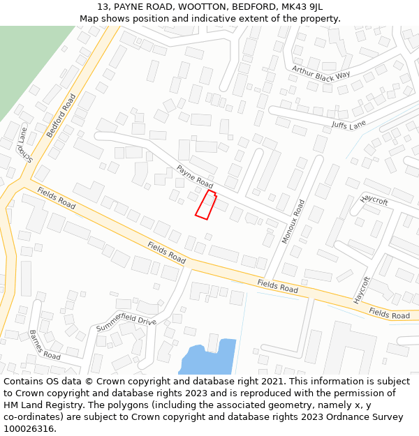 13, PAYNE ROAD, WOOTTON, BEDFORD, MK43 9JL: Location map and indicative extent of plot