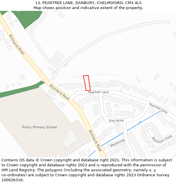13, PEARTREE LANE, DANBURY, CHELMSFORD, CM3 4LS: Location map and indicative extent of plot