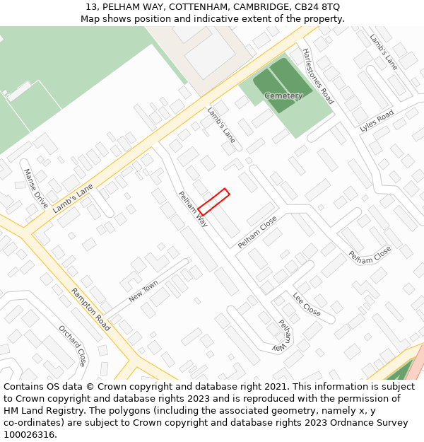 13, PELHAM WAY, COTTENHAM, CAMBRIDGE, CB24 8TQ: Location map and indicative extent of plot