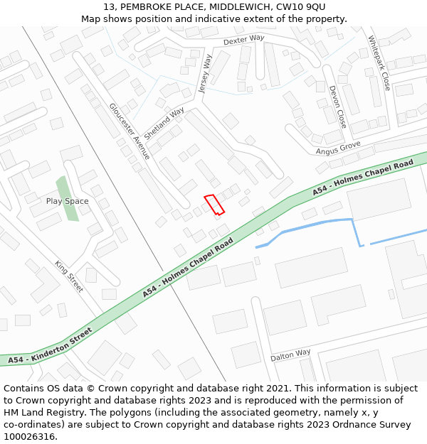 13, PEMBROKE PLACE, MIDDLEWICH, CW10 9QU: Location map and indicative extent of plot