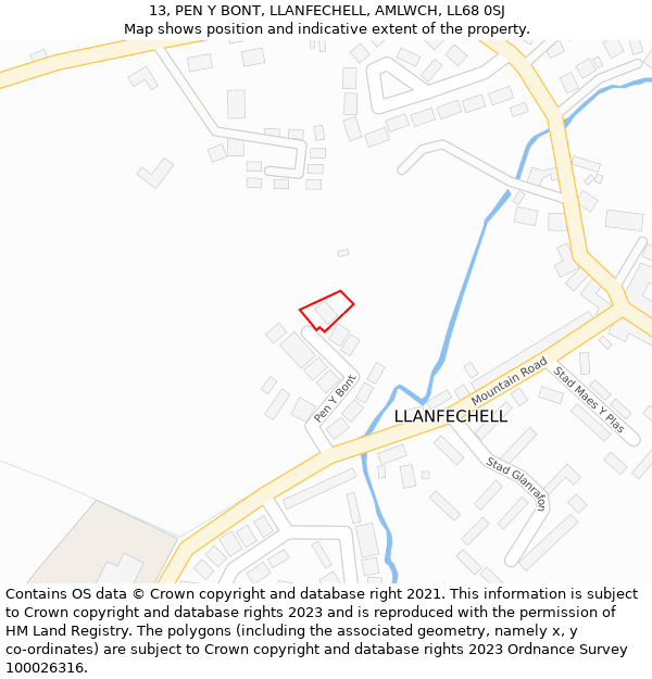 13, PEN Y BONT, LLANFECHELL, AMLWCH, LL68 0SJ: Location map and indicative extent of plot
