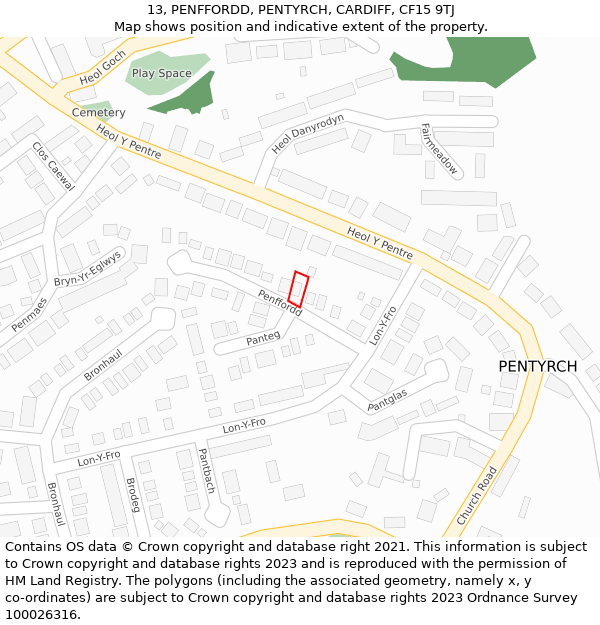 13, PENFFORDD, PENTYRCH, CARDIFF, CF15 9TJ: Location map and indicative extent of plot