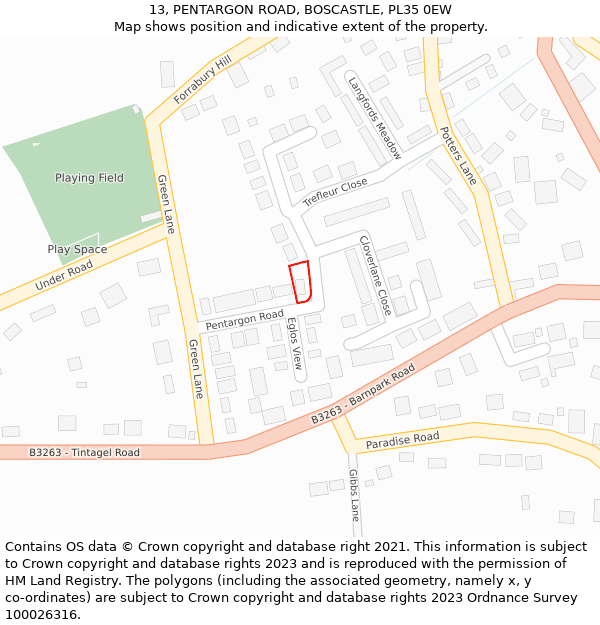 13, PENTARGON ROAD, BOSCASTLE, PL35 0EW: Location map and indicative extent of plot