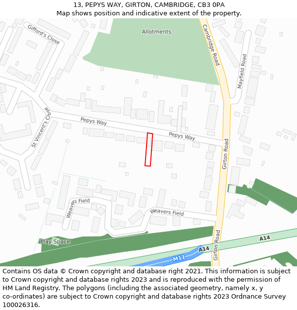 13, PEPYS WAY, GIRTON, CAMBRIDGE, CB3 0PA: Location map and indicative extent of plot