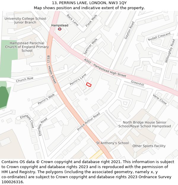 13, PERRINS LANE, LONDON, NW3 1QY: Location map and indicative extent of plot