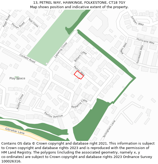 13, PETREL WAY, HAWKINGE, FOLKESTONE, CT18 7GY: Location map and indicative extent of plot