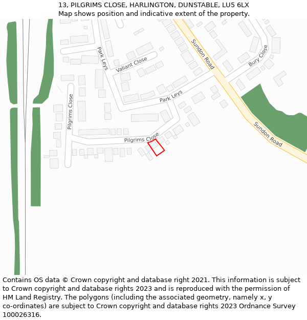 13, PILGRIMS CLOSE, HARLINGTON, DUNSTABLE, LU5 6LX: Location map and indicative extent of plot