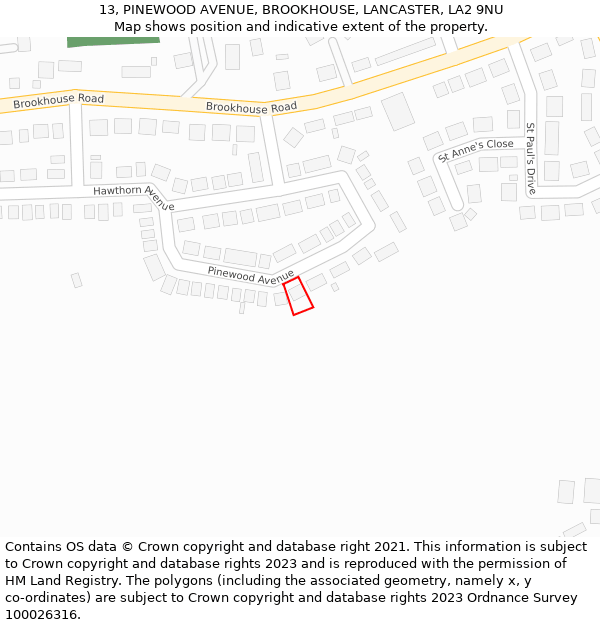 13, PINEWOOD AVENUE, BROOKHOUSE, LANCASTER, LA2 9NU: Location map and indicative extent of plot