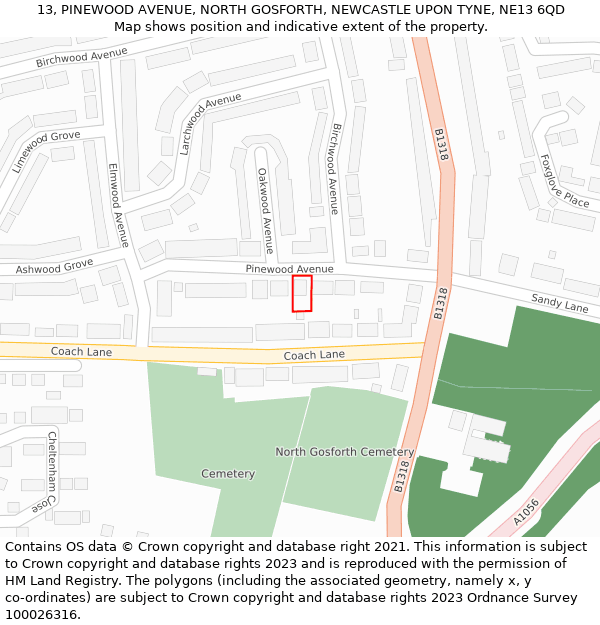 13, PINEWOOD AVENUE, NORTH GOSFORTH, NEWCASTLE UPON TYNE, NE13 6QD: Location map and indicative extent of plot