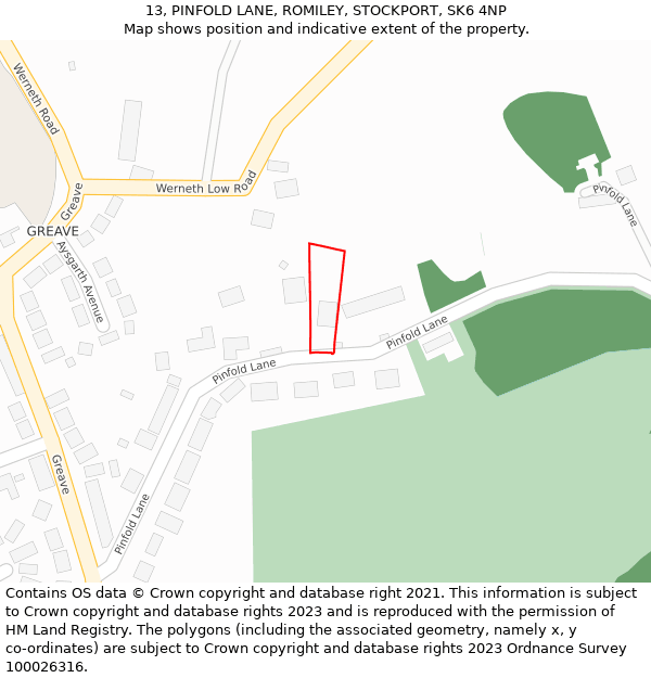 13, PINFOLD LANE, ROMILEY, STOCKPORT, SK6 4NP: Location map and indicative extent of plot
