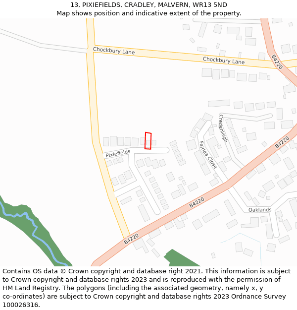 13, PIXIEFIELDS, CRADLEY, MALVERN, WR13 5ND: Location map and indicative extent of plot